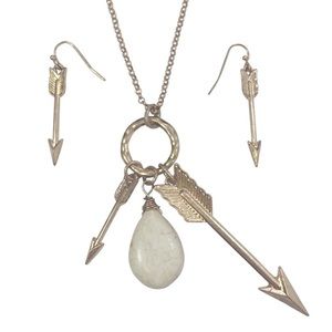 Cream Stone Arrow Long Gold Necklace Earrings Set